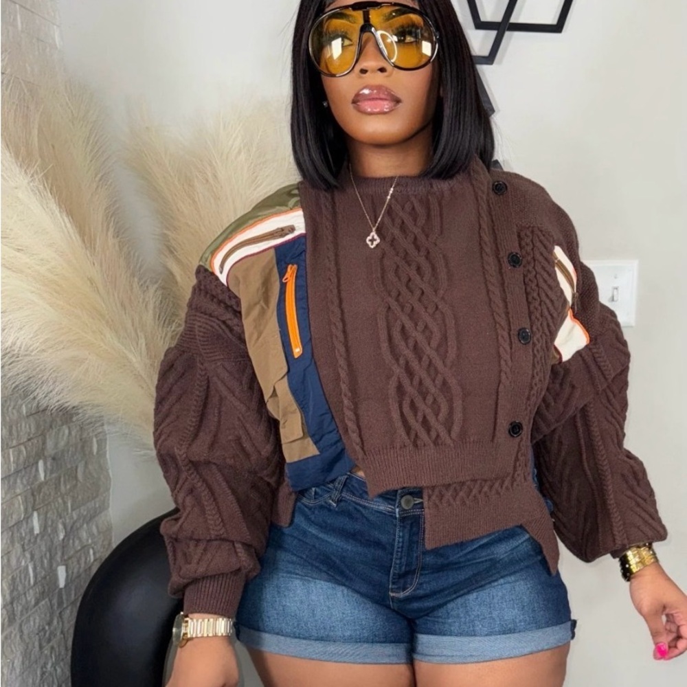Cropped Trendy Brown Cable Knit Sweater with Colorful Patchwork